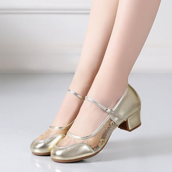 DIVVce Mesh Mary Jane Heels For Women Round Toe Adjustable Buckle Comfortable Block Heel Footwear