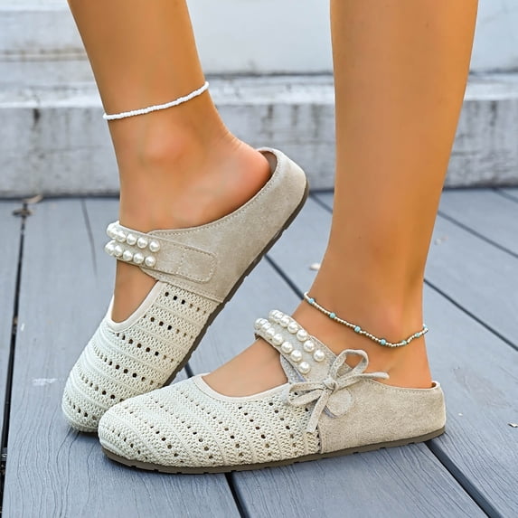DIVVce Mesh Pearl Accent Mary Jane Mules For Women Closed Toe Slip On Comfort Casual Footwear