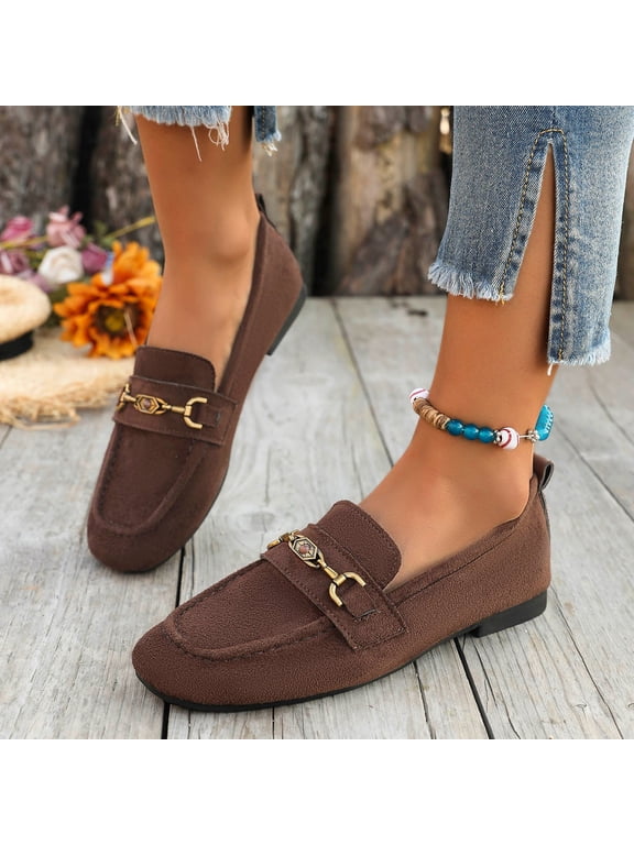 Metal Buckle Loafers For Women Suede Round Toe Comfortable Slip On Casual Lightweight Footwear