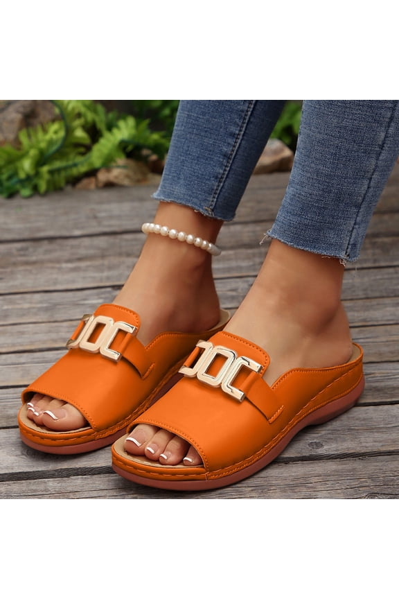 Metal Buckle Wedge Slide Sandals For Women Open Toe Slip On Comfort Stitched Casual Footwear