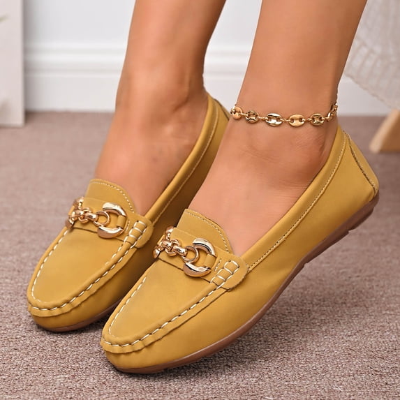 DIVVce Metal Chain Loafers For Women Leather Round Toe Comfortable Slip On Casual Footwear