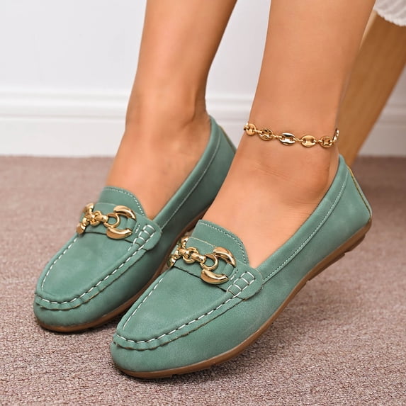 DIVVce Metal Chain Loafers For Women Leather Round Toe Comfortable Slip On Casual Footwear