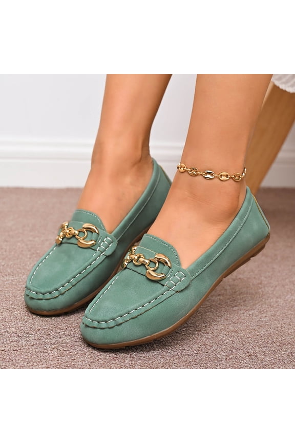 Metal Chain Loafers For Women Leather Round Toe Comfortable Slip On Casual Footwear