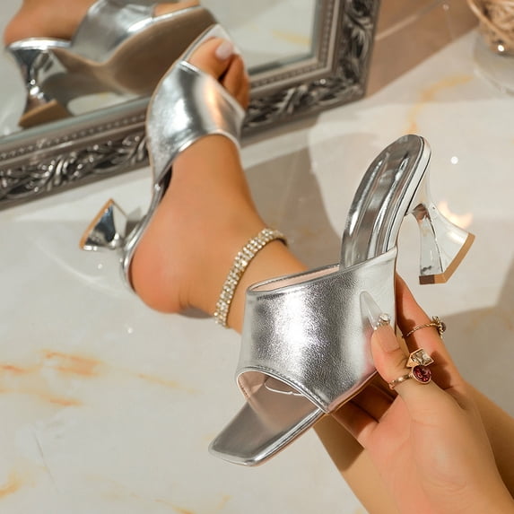 DIVVce Metallic Block Heel Mules For Women Square Toe Comfortable Slip On Casual Footwear