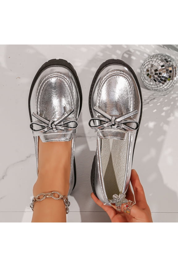 Metallic Bow Accent Platform Loafers For Women Closed Toe Slip On Comfortable Footwear