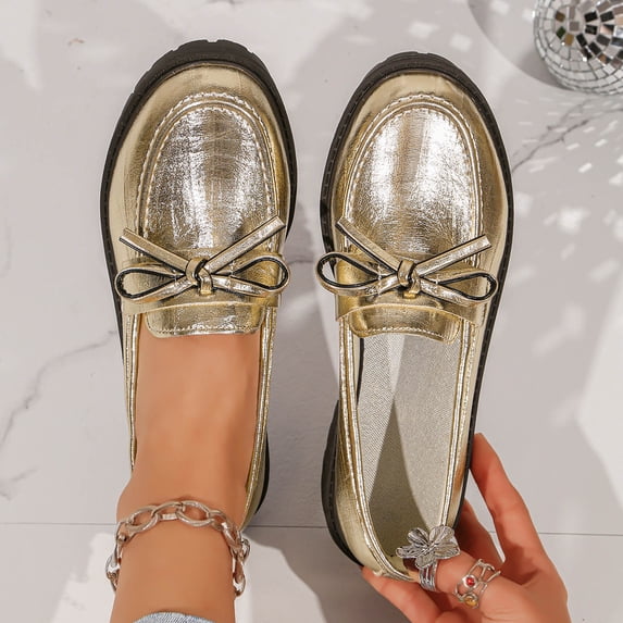 DIVVce Metallic Bow Accent Platform Loafers For Women Closed Toe Slip On Comfortable Footwear