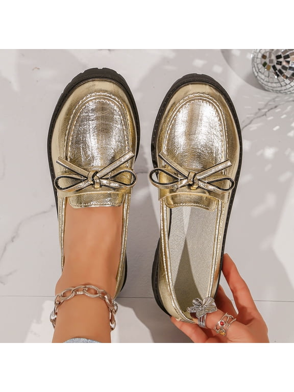 Metallic Bow Accent Platform Loafers For Women Closed Toe Slip On Comfortable Footwear