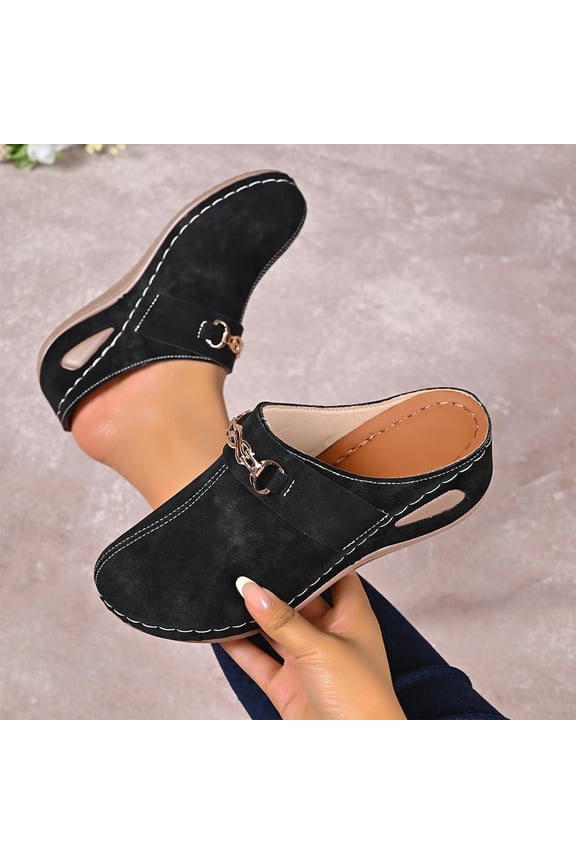 Mules For Women Round Toe Slip On With Metal Chain Accent Footwear For Casual Office And Everyday Wear