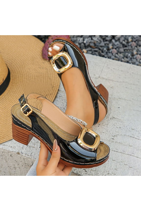 Patent Leather Buckle Sandals For Women Open Toe Adjustable Ankle Strap Footwear