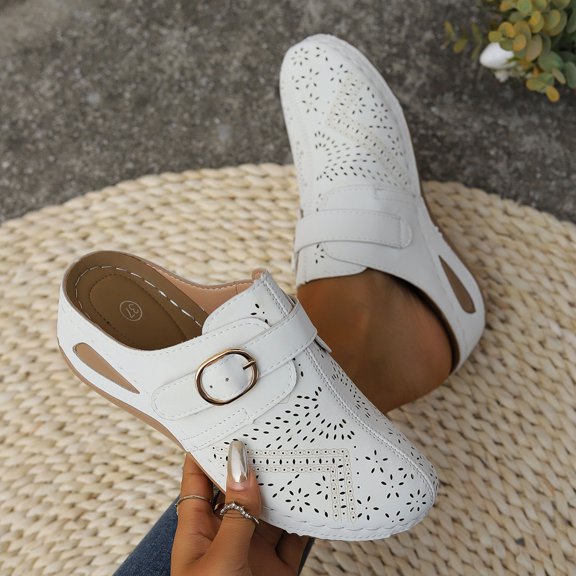 DIVVce Perforated Round Buckle Mule Clogs For Women Closed Toe Slip On Breathable Casual Footwear