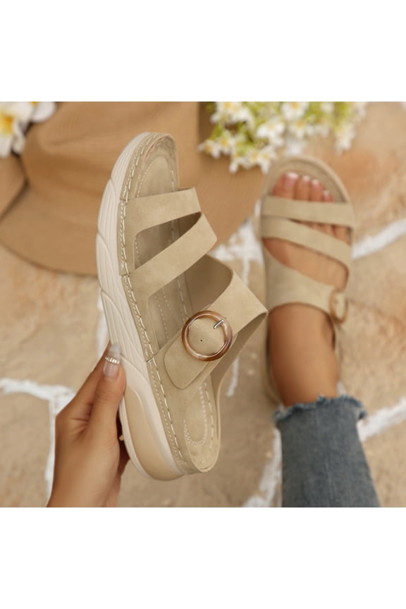 Platform Slide Sandals For Women Matte Faux Leather Three Wide Instep Straps Tortoise Shell Round Buckle Open Toe Slip On Wedge Slide Footwear