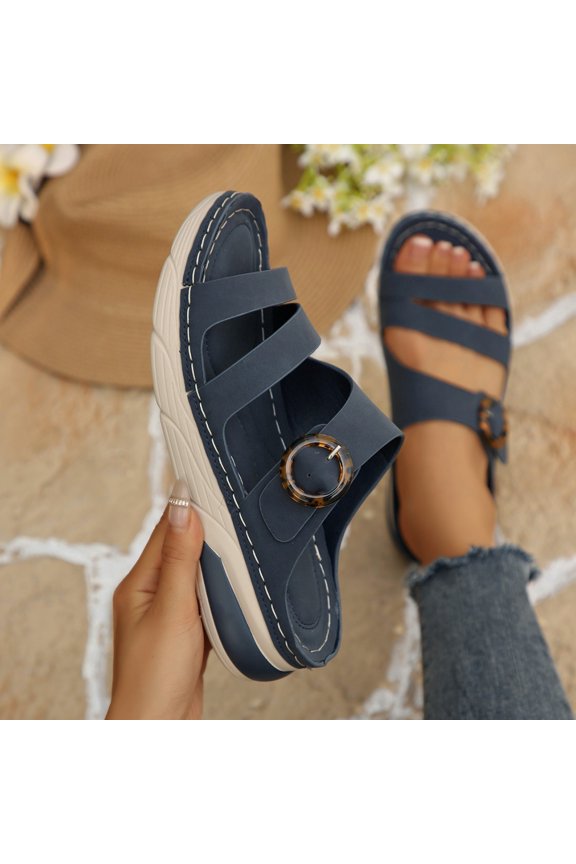 Platform Slide Sandals For Women Matte Faux Leather Three Wide Instep Straps Tortoise Shell Round Buckle Open Toe Slip On Wedge Slide Footwear