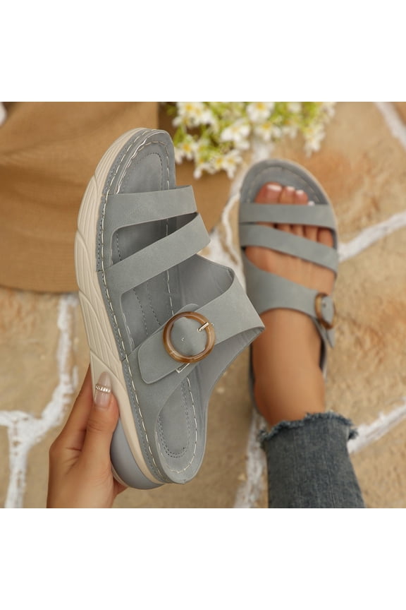 Platform Slide Sandals For Women Matte Faux Leather Three Wide Instep Straps Tortoise Shell Round Buckle Open Toe Slip On Wedge Slide Footwear