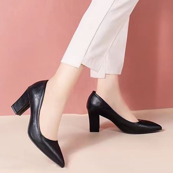 DIVVce Pointed Toe Block Heel Pumps For Women Leather Comfortable Formal Office Footwear