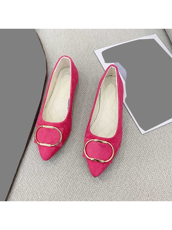 Pointed Toe Flats For Women Matte Faux Suede Square Gold Metal Ring Buckle Front Decor Slip On Flat Shoe Footwear