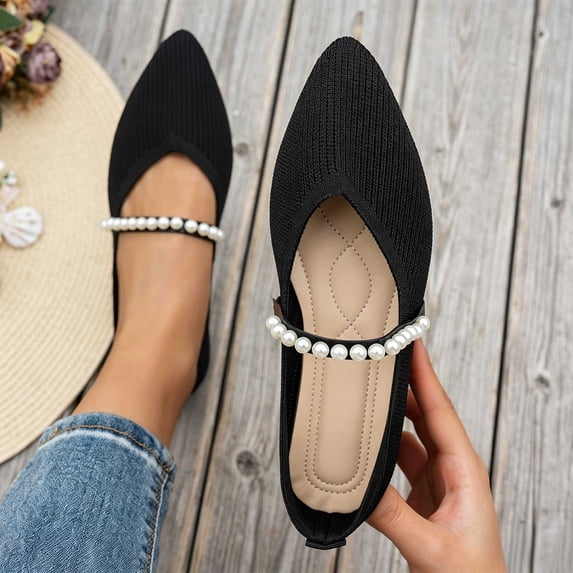 DIVVce Pointed Toe Flats For Women Stretch Knit Pearl Beaded Single Thin Strap Slip On Flat Shoe Footwear