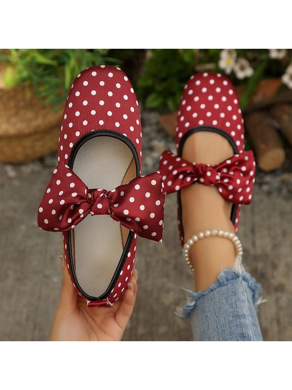 Polka Dot Bow Ballet Flats For Women Closed Toe Slip On Comfort Casual Office Footwear
