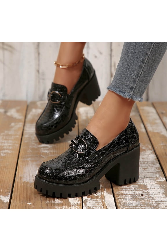 Print Platform Loafers For Women Chunky Block Heel Comfortable Office Footwear