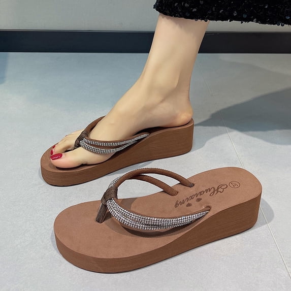 DIVVce Rhinestone Wedge Flip Flops For Women Open Toe Slip On Comfortable Casual Summer Footwear