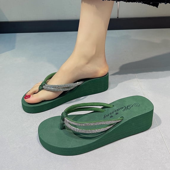 DIVVce Rhinestone Wedge Flip Flops For Women Open Toe Slip On Comfortable Casual Summer Footwear