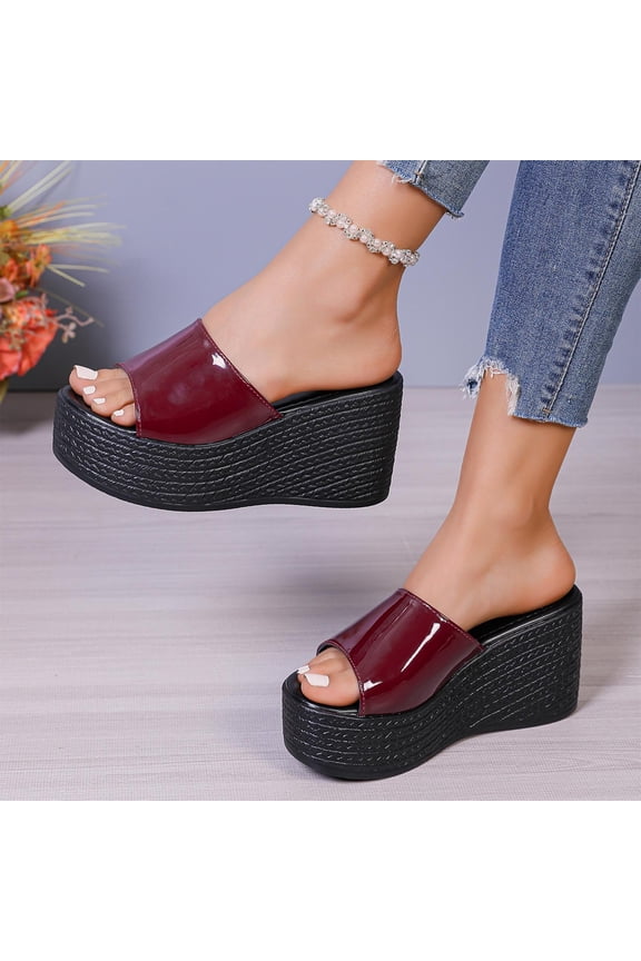Shoes For Women Patent Single Strap Peep Toe Espadrille Wedge Slip On Slides For Summer Party Casual Outdoor