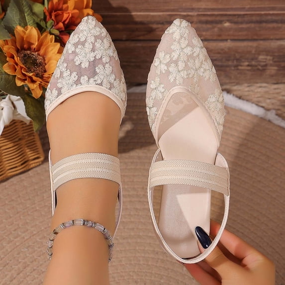 DIVVce Slingback Flats For Women Floral Embroidery Sheer Mesh Single Woven Instep Strap Pointed Toe Slip On Flat Slingback Shoe Footwear