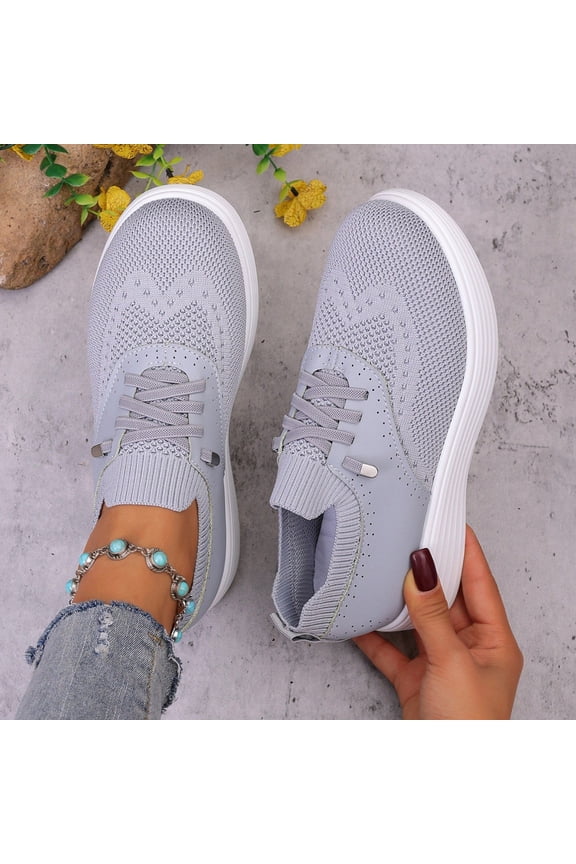 Slip On Walking Sneakers For Women Breathable Fly Knit Mesh Lace Up Ribbed Collar Round Toe Curved Layered Platform Sole Sport Shoe Footwear