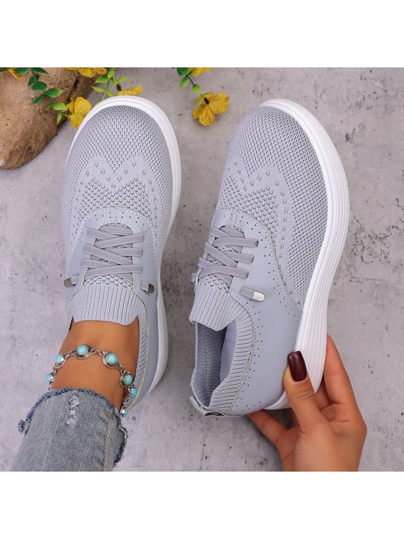 Slip On Walking Sneakers For Women Breathable Fly Knit Mesh Lace Up Ribbed Collar Round Toe Curved Layered Platform Sole Sport Shoe Footwear