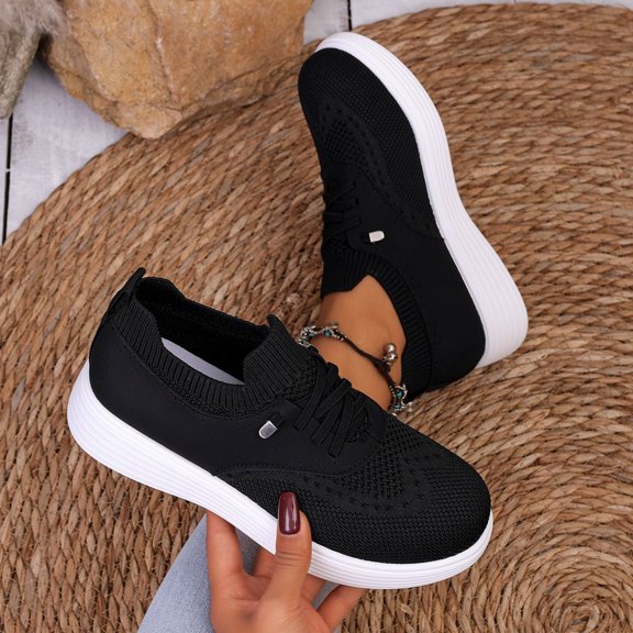 DIVVce Slip On Walking Sneakers For Women Breathable Fly Knit Mesh Lace Up Ribbed Collar Round Toe Curved Layered Platform Sole Sport Shoe Footwear