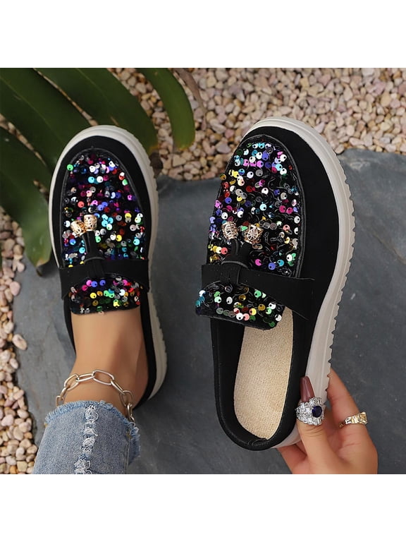 Slippers For Women Slip On Mule Loafers With Sequin Bow Accent And Platform Sole For Casual Everyday Wear