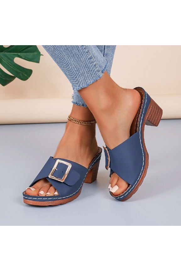 Square Buckle Block Heel Mules For Women Open Toe Slip On Comfort Platform Footwear