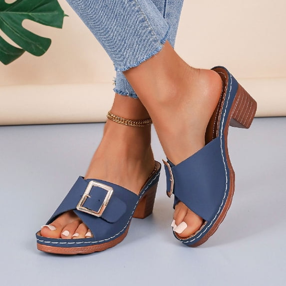DIVVce Square Buckle Block Heel Mules For Women Open Toe Slip On Comfort Platform Footwear