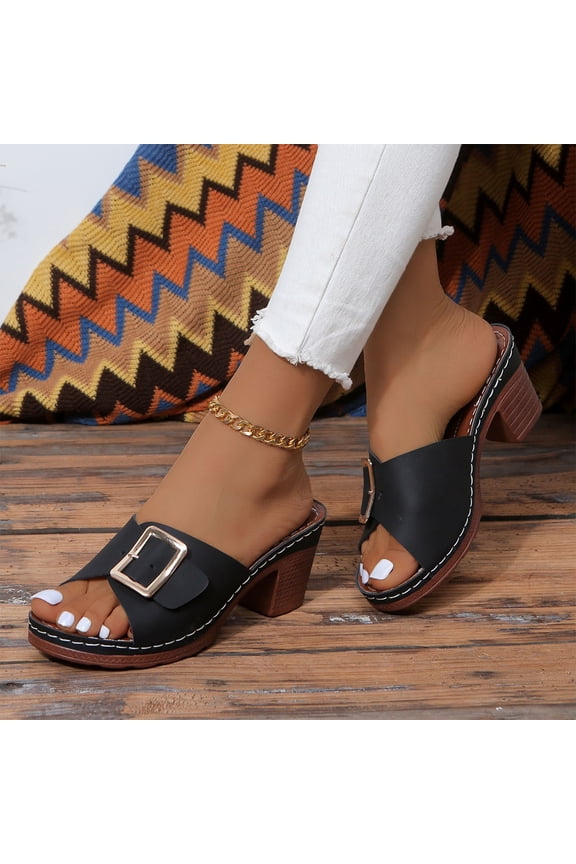 Square Buckle Block Heel Mules For Women Open Toe Slip On Comfort Platform Footwear