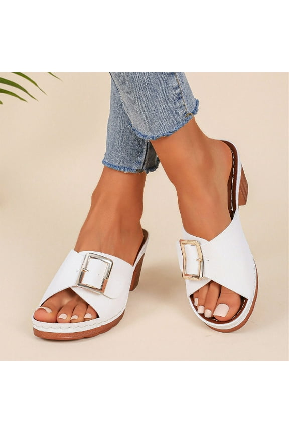 Square Buckle Block Heel Mules For Women Open Toe Slip On Comfort Platform Footwear
