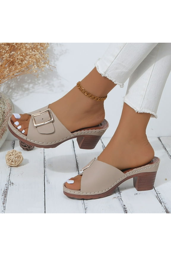 Square Buckle Block Heel Mules For Women Open Toe Slip On Comfort Platform Footwear