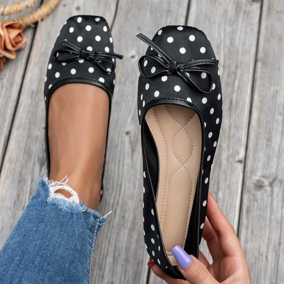 DIVVce Square Toe Flats For Women Satin Polka Dot Print Front Bow Tie Decor Strap Less Slip On Flat Shoe Footwear
