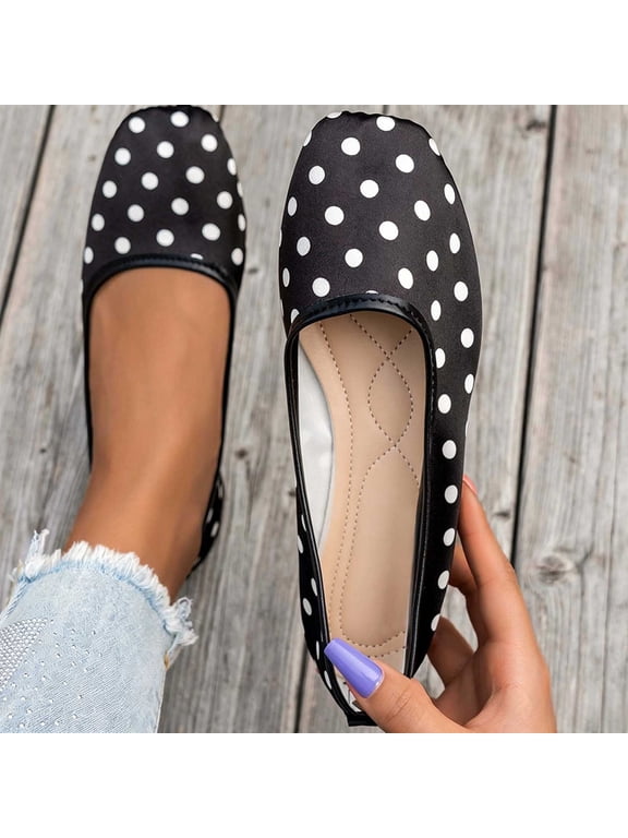 Square Toe Flats For Women Satin Polka Dot Print Slip On Strap Less Flat Shoe Footwear For Retro Vintage Shopping Party