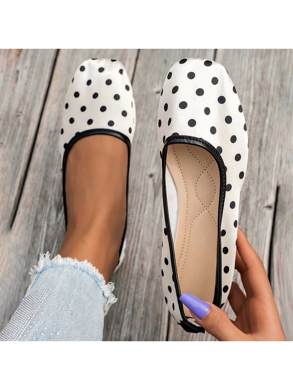 Square Toe Flats For Women Satin Polka Dot Print Slip On Strap Less Flat Shoe Footwear For Retro Vintage Shopping Party