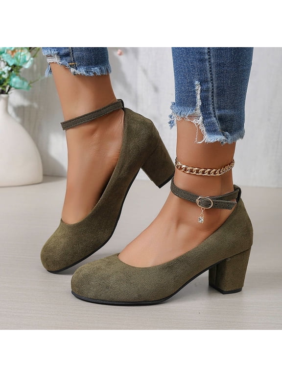 Suede Mary Jane Heels For Women Round Toe Adjustable Buckle Comfortable Block Heel Footwear