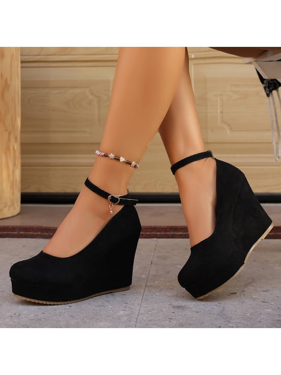 Wedge Mary Jane Shoes Women Suede Adjustable Buckle Round Toe Comfortable Casual Footwear