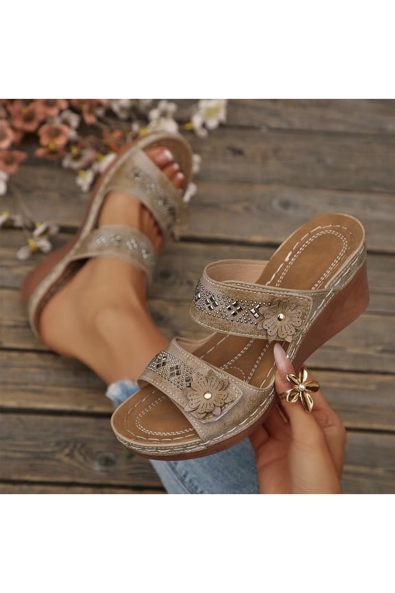 Wedge Sandals For Women Open Toe Two Strap Slides With Floral And Rhinestone Accents For Summer Wear