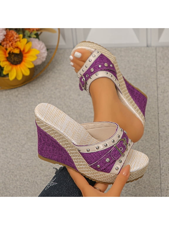 Wedge Sandals For Women Studded Espadrille Open Toe Comfortable Non Slip Summer Casual Footwear