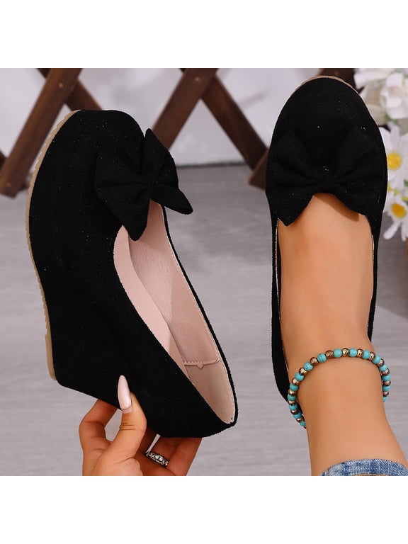Wedges Heels For Women Round Toe Platform Wedge With Bow Accent Slip On Footwear For Casual And Dressy Daily Occasions