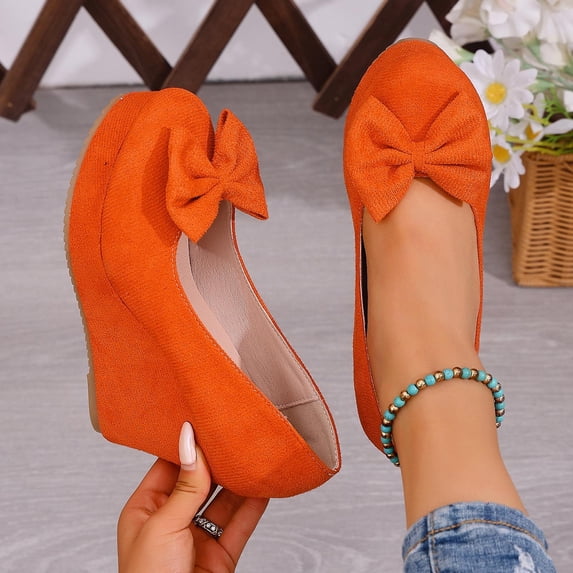 DIVVce Wedges Heels For Women Round Toe Platform Wedge With Bow Accent Slip On Footwear For Casual And Dressy Daily Occasions