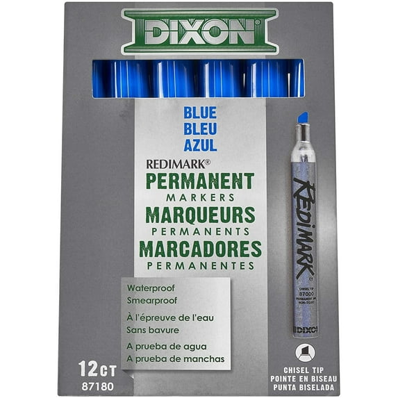 DIXON Industrial RediMark Permanent Markers, Chisel Point, Metal Barrel, Box of 12 Markers, Blue 87180