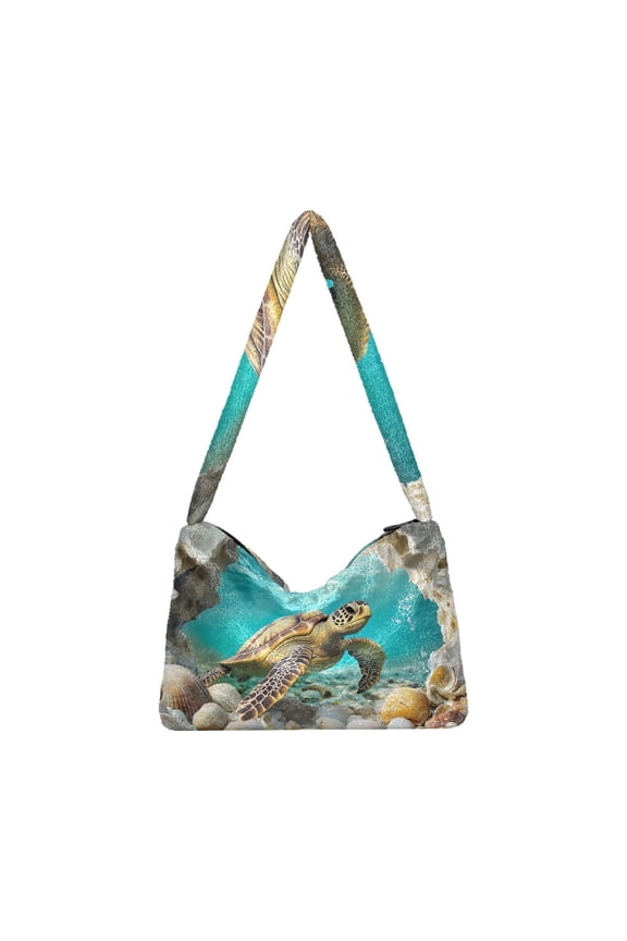 DIXRUYEE 3d Sea Turtle Shell Print Plush Shoulder Bag Soft Faux Fluffy Hobo Tote Bag With Zipper Closure Casual Lightweight Crossbody Handbag