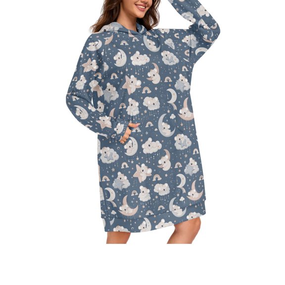 DIXRUYEE Baby Bear Moon Print Womens Long Oversized Hoodie Dress Casual Pullover Hooded Sweatshirt Dress with Kangaroo Pocket Loose Streetwear Loungewear