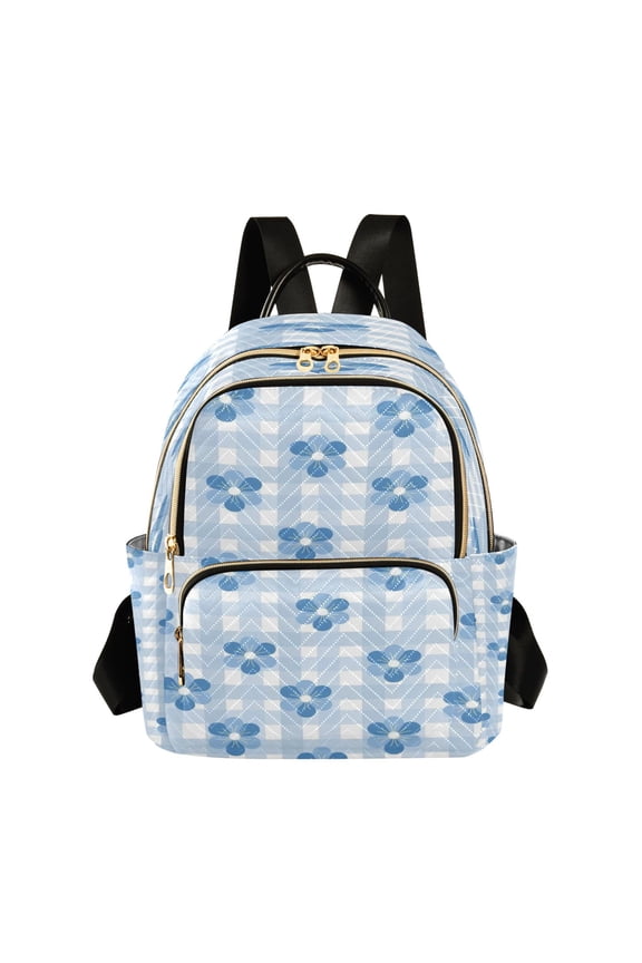 Backpack Casual Blue Flowers Gingham Bags