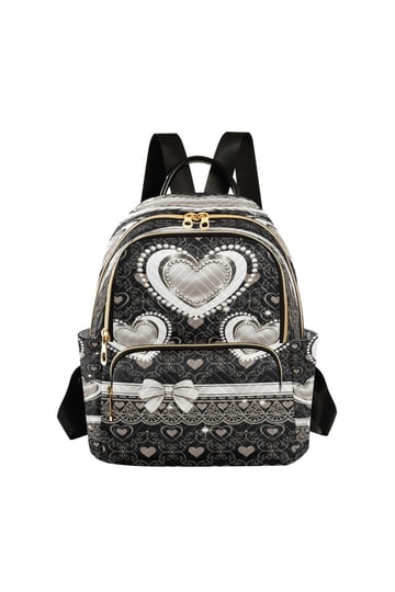 betsy johnson black heart backpack mini Forever Yours Just Peachy Clear PVC mini backpack Jewel embellishments Outside zipper pocket Top handle Silver hardware Adjustable straps 10.5inH x 8inW x 5inD Teddy Mini Backpack | Brown