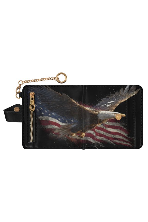 Bald Eagle American Flag Print RFID Blocking Womens PU Leather Wallet Small Foldable Card Holder Purse with Coin Zipper Pocket & Detachable Chain Wristlet